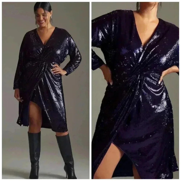 By Anthropologie Twist-Front Sequin Dress Size 22 Cocktail V-Neck Disco - Picture 2 of 14